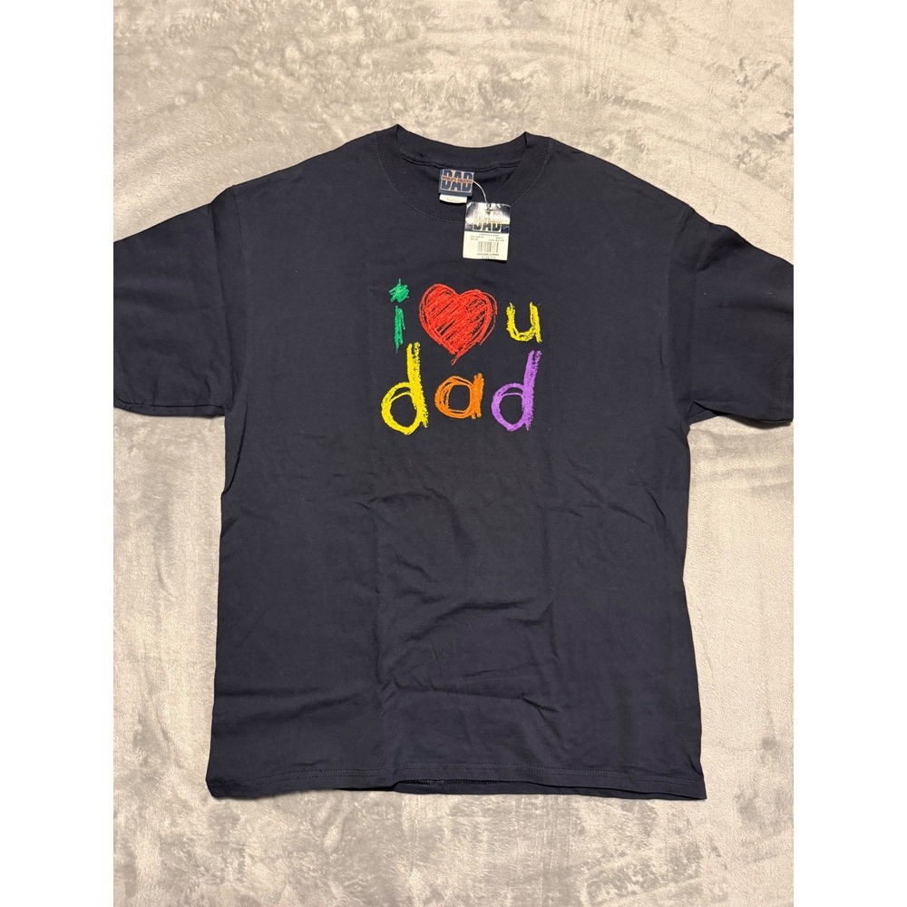 World's Greatest Dad T-Shirt Mens Large Navy Blue I Heart U Dad Crayon Graphic